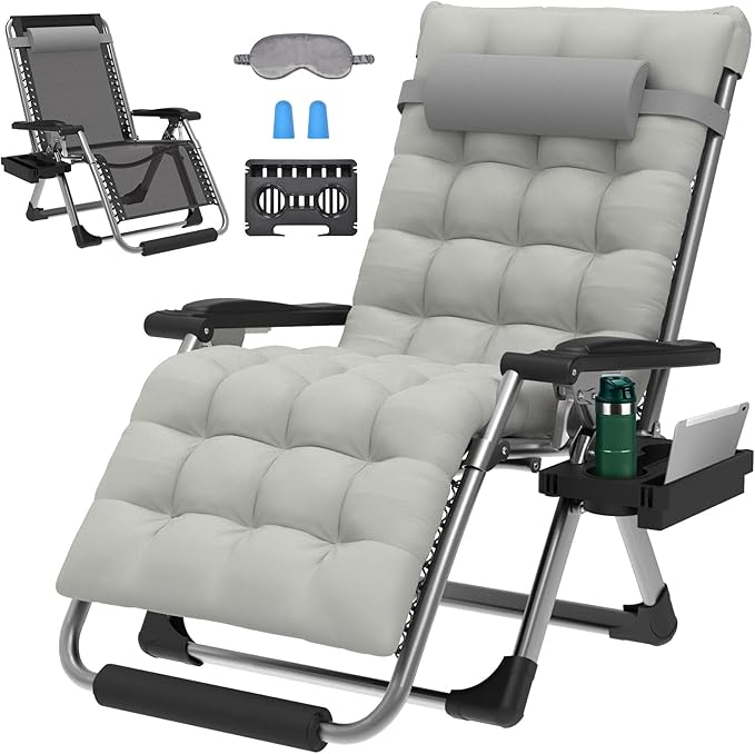 ZENPETIO 29In XL Zero Gravity Chair w/Cushion, Zero Gravity Recliner Lounge Chair for Indoor and Outdoor, Reclining Camping Chair for Lawn, Anti Gravity Chair with Cup Holder and Footrest, 440LBS