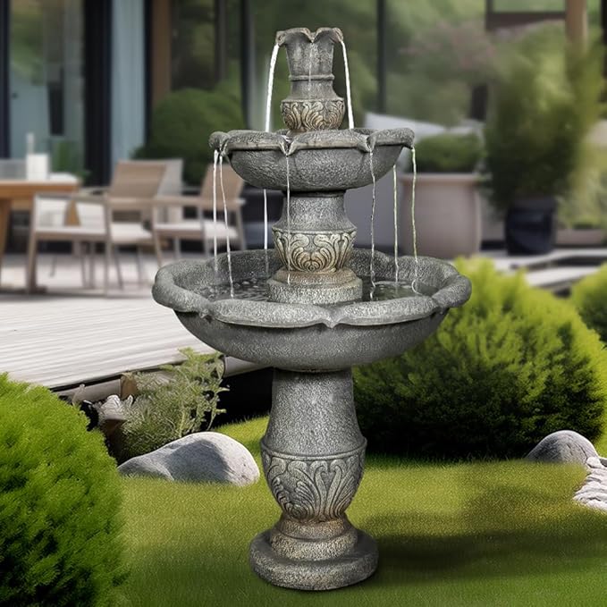 Garden Rustic Outdoor Floor 2-Tier Water Fountains 48.4" H Classical Flowerpot Shape Top Concrete Fountain and Waterfalls for Outdoor, Garden, Backyard, Porch, Deck, Patio