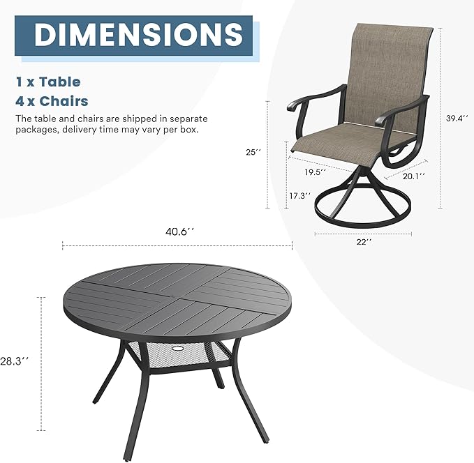 DIFY 5 Pieces Outdoor Patio Dining Set, 4 Brown Textilene Swivel Dining Chairs and 40.6" Black Round Metal Dining Table, Outdoor Table and Chairs