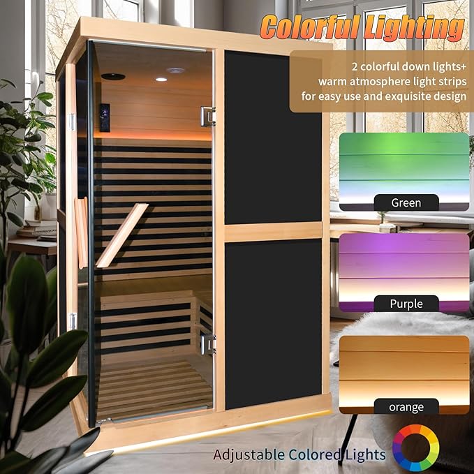 Home Sauna Infrared Sauna 7 Color Light Indoor Sauna for 2 Person,APP Control Dry Sauna Low EMF 1980W/110V Canadian Hemlock Wood Saunas,for Home Spa