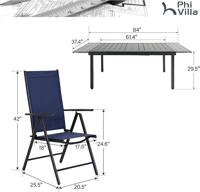 PHI VILLA 7 Piece Outdoor Patio Dining Set, Adjustable Folding Patio Chairs Reclining (Blue) with Extendable Metal Steel Dining Table for Outdoor, Garden, Lawn