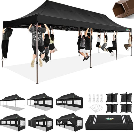 COBIZI 10x30 Heavy Duty Pop Up Canopy with 8 Sidewalls and Hexagonal Legs, Easy up Tent for Parties, Wedding and Commercial, Outdoor Canopy with Carry Bag, Sand Bags, Waterproof & UPF50+ (Black)