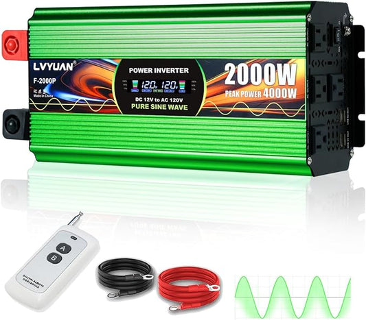 2000W Pure Sine Wave Power Inverters, LVYUAN 4000W Peak Power 12V DC to AC 120V Power Converter for RV, Truck, Outdoor, Remote Control Quadruple AC Outlets and USB Ports Inverter with LCD Display