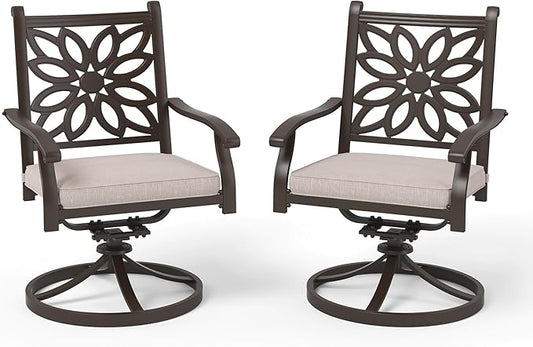 PHI VILLA Cast Aluminum Outdoor Patio Swivel Dining Chairs, Extra Wide Armrest Chairs with Seat Cushion, Casting Aluminum Back for All Weather, Set of 2