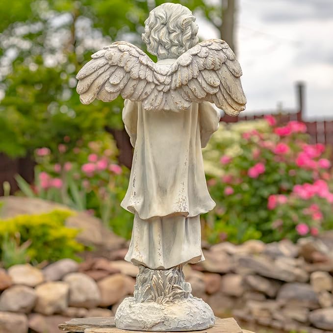 Zaer Ltd. 39" Tall Magnesium Angel Statue Figurines for Outdoor and Indoor Use (Reading a Book Symone, Antique White)