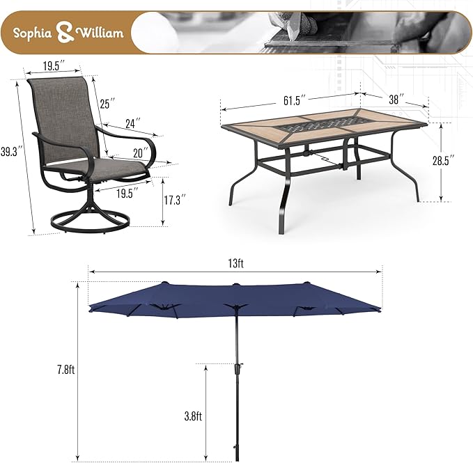 Sophia & William Patio Set with Umbrella Patio Dining Set for 6 with 13ft Rectangle Patio Umbrella Navy, 6 x Patio Chairs Brown, 1 Wood Like Outdoor Dining Table with Umbrella Hole for Lawn Garden