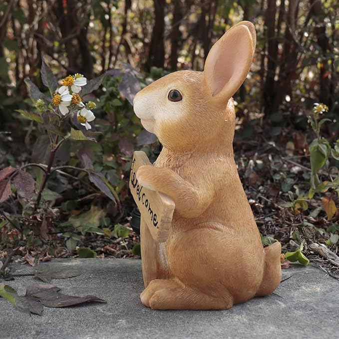 Solar Rabbit Garden Statue with Welcome Sign, Solar Rabbit Welcome Light Decor, Bunny Statues, Garden Decor for Patio Lawn Yard