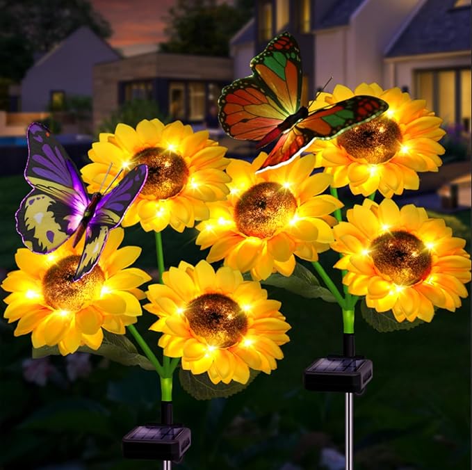 ANGMLN Solar Sunflower Outdoor Garden Lights, 2 Pack Solar Flower with Butterfly Waterproof Garden Decor, Gifts for Mom Grandma, Waterproof Decorative Lights for Pathways Patios and Yards Decorations