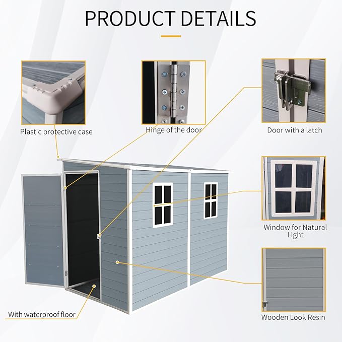 4x8 FT Resin Storage Sheds Outdoor with Floor, 2 Windows & Lockable Door Storage Shed - Waterproof Garden Tool Shed, Patio & Backyard Tool Storage Cabinet Use - Grey