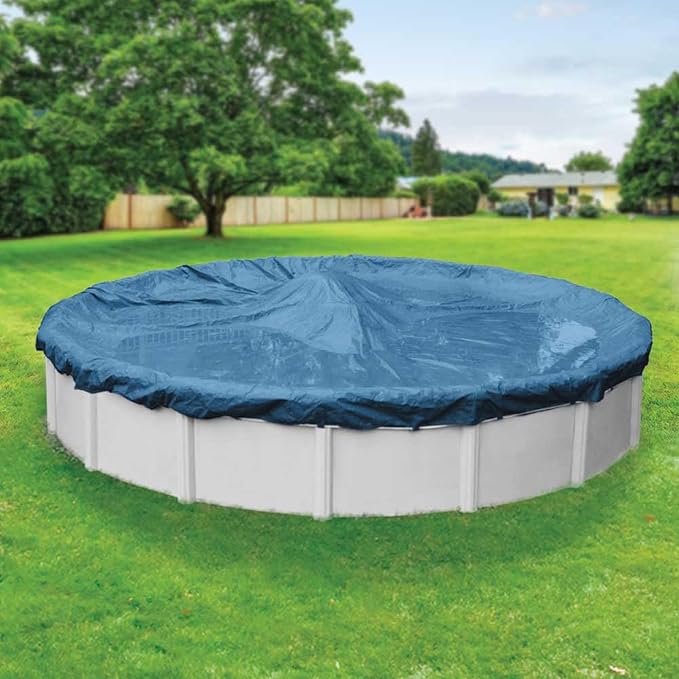 Robelle 28 ft Heavy Duty Blue Winter Pool Cover for Above Ground Pools, 4 ft Overlap (32 ft Cover Size), Solid 8 x 8 Scrim, 2.36 oz/yd2, 10-Year Warranty, Style: 3528-4