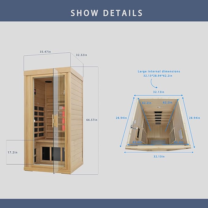 Ceramic Infrared Sauna, 1 Person Infrared Sauna, Hemlock Wood Home Sauna Spa, Far Infrared Sauna Indoor, Low EMF Infrared Saunas for Home with Smart Display, Bluetooth Speaker,1,240 watt