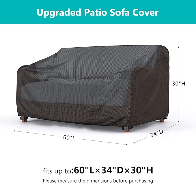 Patio Sofa Cover Waterproof - Heavy Duty 2-Seater Outdoor Couch Cover Patio Furniture Covers with Air Vent and Handles, 60" L×34" D×30" H, Black