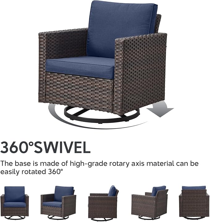 5 Piece Wicker Patio Furniture with Fire Pit Table - Outdoor Conversation Set with 50,000 BTU Fire Pit, All Weather Rattan Patio Set for Deck Backyard Garden - Brown Wicker Blue Cushion