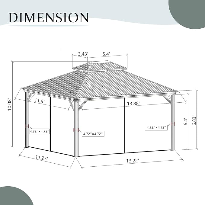 Domi 12' X 14' Hardtop Gazebo Permanent Aluminum Outdoor Gazebo with Galvanized Steel Double Roof, Drainage Gutters, Curtains, and Netting for Party, Wedding, Dining