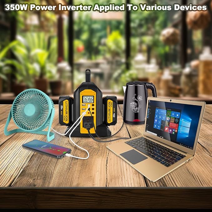 350W Power Inverter Compatible with Dewalt 20v Battery 2-Ports DC 20V to AC 110-120V Pure Sine Wave Battery Inverter with LED Light, 3 USB-A Port,1 Type-C Port,1DC Port for Camping Emergency