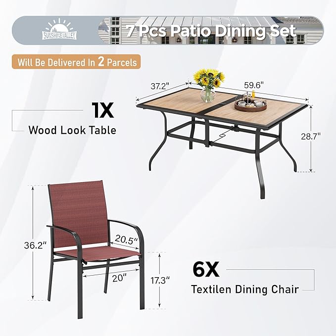 7 Pcs Patio Dining Set for 6, Rectangular Metal Dining Table (PVC Table Top) with Umbrella Hole and 6 Chairs, Outdoor Dining Set for Lawn Garden Deck, Red