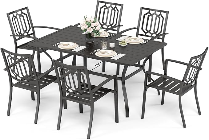 Sophia & William Patio Dining Set Metal Outdoor Table and Chairs Furniture Set 7 Piece, Large 60.2" Dining Table with Umbrella Hole and 6 Backyard Garden Chairs Support 300LBS for Deck, Lawn, Garden