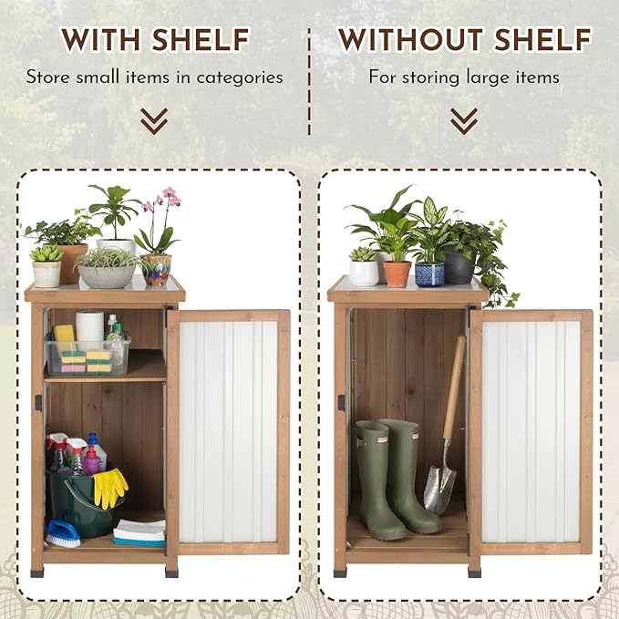 Outdoor Storage Cabinet with Metal Worktop, Fir Wood Frame & Adjustable Shelf, Weather-Resistant Garden Tool Organizer for Patio, Porch, Balcony, or Garage (18" L x 18" W x 33.5" H)