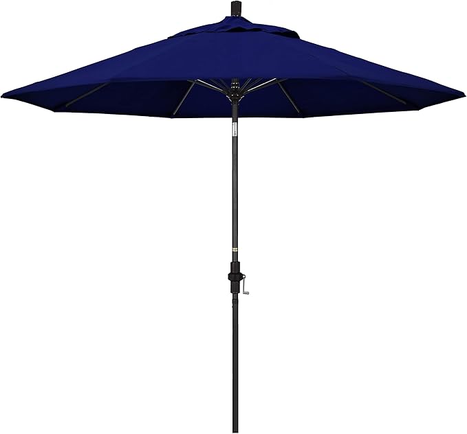 California Umbrella 9' Round Aluminum Pole Fiberglass Rib Market Umbrella, Crank Lift, Collar Tilt, Black Pole, Sunbrella Spectrum Mist