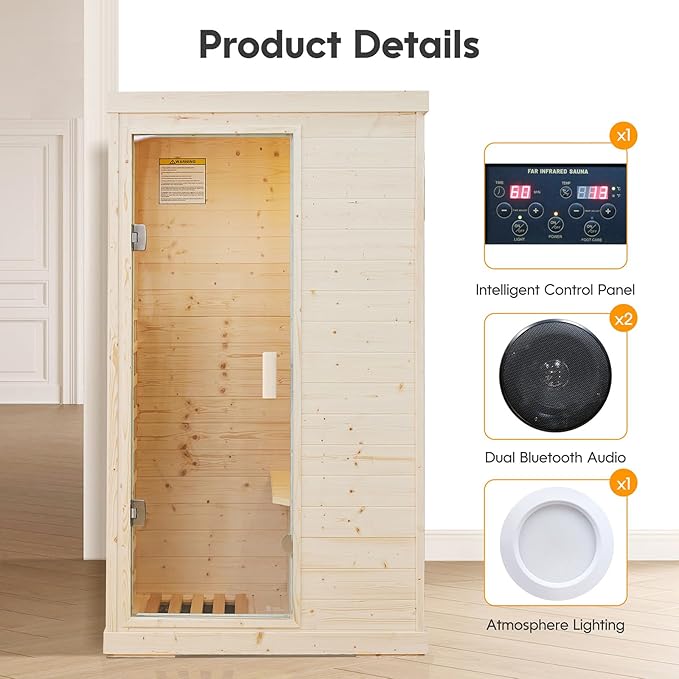 Far Infrared Sauna 1 Person Sauna Room Home Spruce Wood Indoor Saunas 900W/110V Low EMF Dry Sauna 5 Energy Saving Heating Panels, Built-in Control Panel, Speakers, Reading Lights and Circulation Vents