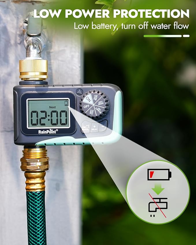 RAINPOINT Sprinkler Timer with Brass Inlet & Outlet, Programmable Hose Timer for Garden Soaker Hose with Rain Delay/Manual Watering System, Digital Drip Irrigation for Yard, Lawn(2PCS)