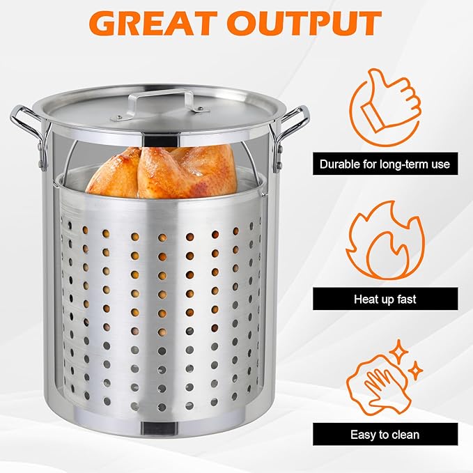 30 Qt.Turkey Deep Fryer Pot Set,Seafood Boil Pot with 55,000BTU Propane Burner,2-Pcs Cooker Sets, Turkey Fryer w/Basket for Outdoor, Aluminum Tripod Stove Rack,Steamer for Cooking Crawfish and Crab