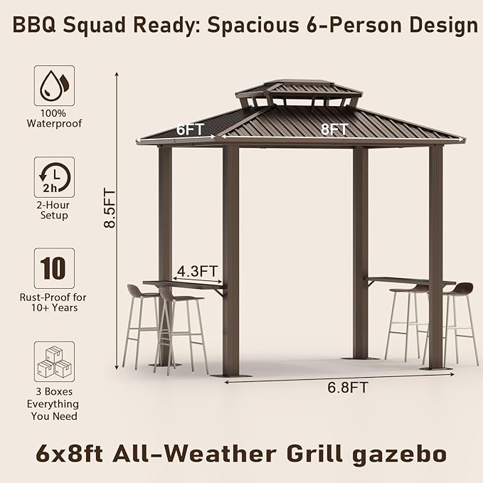 Hoteel 6x8ft Hardtop Grill Gazebo, Outdoor Patio Aluminum Frame Barbecue Gazebo with Galvanized Steel Double Roof and 2 Side Shelves for Deck Lawn Backyard Garden and Party, Brown(2025 Upgraded)