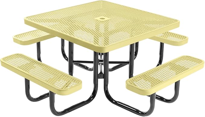 COATEDOUTDOORFURNITURE Heavy-Duty Portable Outdoor Picnic Table with Umbrella Hole, Expanded Metal Commercial-Grade Patio Dining Furniture Made in America (46" Square Top, Textured Sand)
