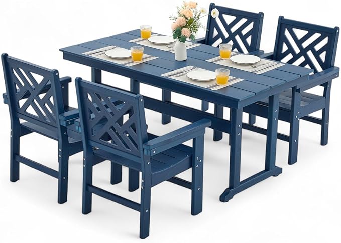 5 Piece HDPE Outdoor Dining Set for 4 Patio Dining Furniture Set with Umberlla Hole, Weather Resistent Outdoor Table and Chairs for Garden, Poolside, Backyard, Deck, Blue