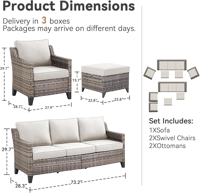 Patio Furniture Set, 5 Pieces Outdoor Wicker Rattan Sofa Couch with Rattan Chair, Ottomans and Comfy Cushions, All Weather Patio Conversation Sets, Suit for Porch Deck Garden