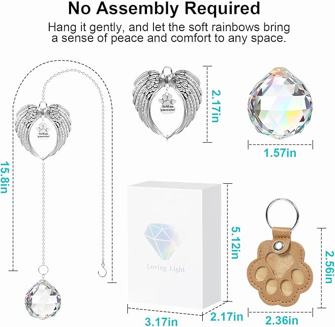 Pet Memorial Gifts for Loss of Dog or Cat, Crystal Suncatcher with Rainbow Light Effect and Angel Wing Design, Includes Fur Keepsake Keychain, Sympathy Gift Set for Remembrance & Bereavement