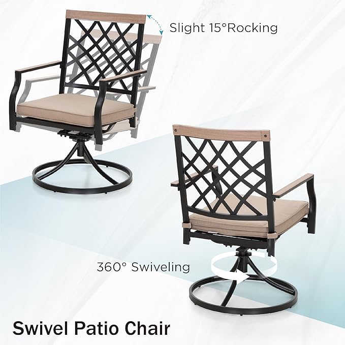 PHI VILLA 5-Piece Outdoor Dining Set, 4 Steel Metal Swivel Patio Chairs & 1 Square Dining Table, Wood-Like Pattern Armrest