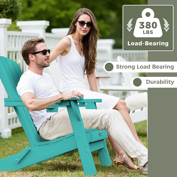 Folding Adirondack Chair with Wood Texture, Plastic Adirondack Chairs with 2 Cup Holder, HDPE All-Weather Fire Pit Chairs,Outdoor Lawn Chair for Patio Garden (Lake Blue)