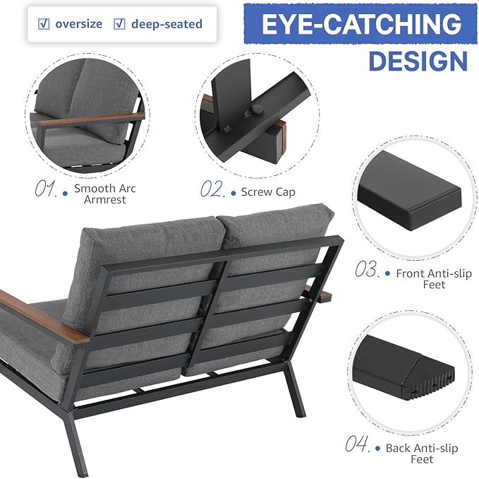 Soleil Jardin Aluminum Patio Furniture Loveseat, Outdoor 2 Seats Sofa Couch with FSC Certified Solid Wood Top, Outdoor Conversation Set Deep Seating Loveseat w/Removable Cushion, Dark Grey