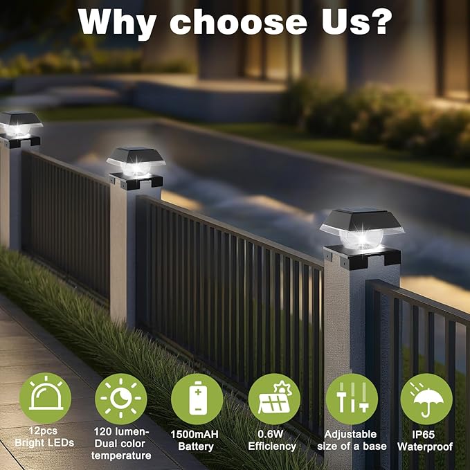 INDARUN Solar Post Cap Lights, Solar Fence Deck Post Lights Outdoor Fit 4x4 5x5 6x6 Wood Posts, Vinyl 4x4 Post Caps, 120 Lumen, Cool White & Warm White, Landscape Lighting for Patio, Porch, Yard