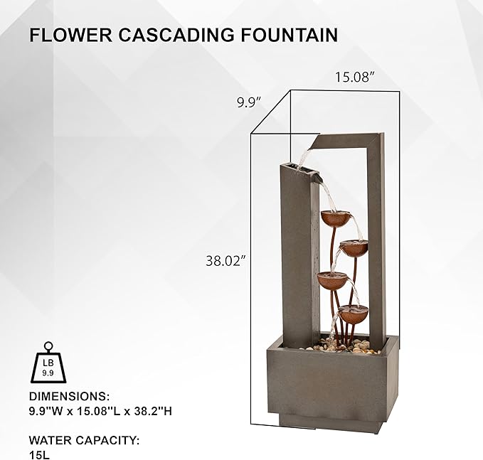 XBrand Metal Sculptural Multi-Tiered Flower Water Fountain, No LED Lights, Gray and Bronze, 38" Tall