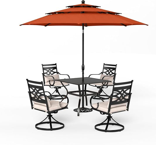 Sophia & William Swivel Patio Dining Set for 4 | 10ft Patio Umbrella Red | Removable Seat Cushions | Black 37" Patio Dining Table