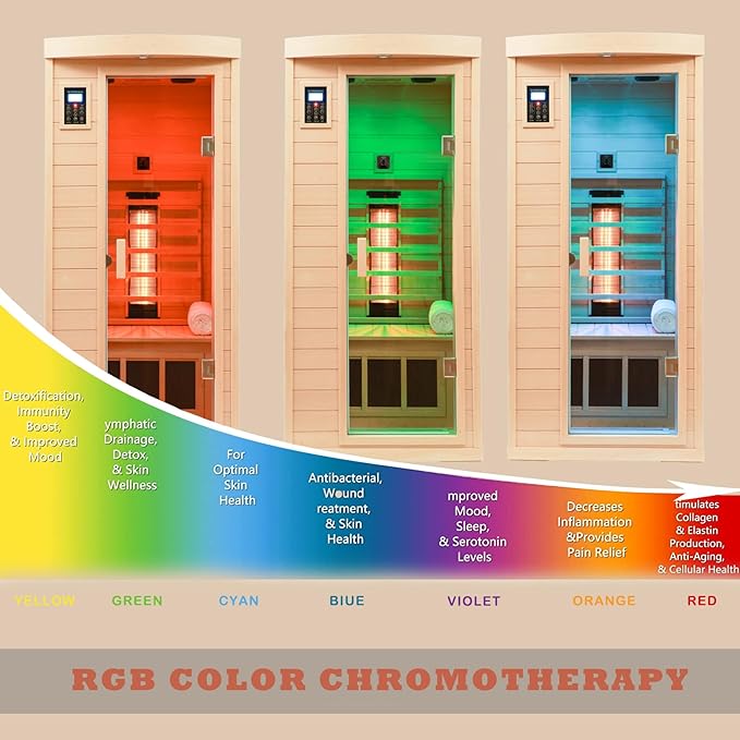 Ceramic Infrared Sauna with Backrest, 1 Person Low EMF Far Infrared Sauna for Home, 1300watt Canadian Hemlock Wood Indoor Saunas with 6 Heating Panels,Blue-Tooth Control, LCD Display