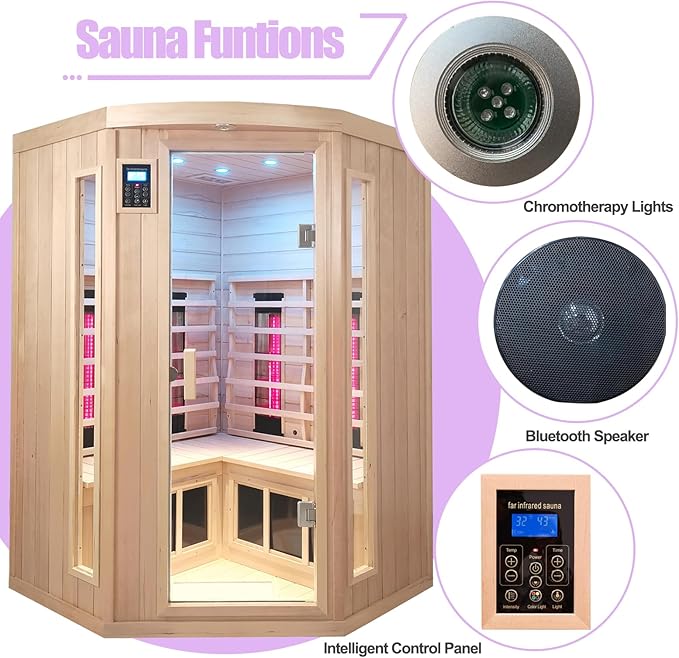 Ceramic Infrared Sauna, 2-3 Person Home Sauna, Canadian Hemlock Indoor Corner Sauna Spa, Wooden Sauna Room, 5 Low EMF Heaters + 4 Ceramic Tubes, Bluetooth Speakers, Chromotherapy Lights
