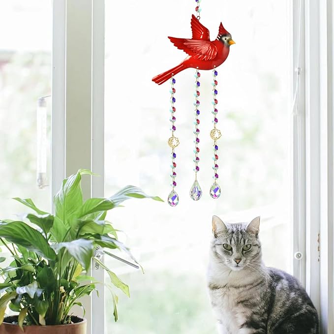 Red Cardinal Crystal Sun Catcher-Stained Glass Window Hanging Ornament with Rainbow Prism, Memorial Gift for Women, Handmade Bird Decor for Home Garden, Christmas Valentine Gift for mom(Red B)
