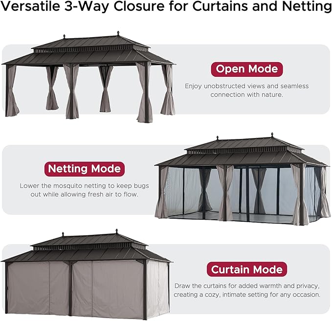 SUNJOY Kingston 20' x 12' Hardtop Gazebo with Galvanized Steel Double Roof, Curtain and Netting, Brown Aluminum Posts Permanent Pavilion Gazebo for Garden, Patio, Deck, Lawn
