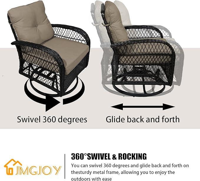 Patio Furniture Set Swivel Rocker, Outdoor Patio Chairs, 3 Piece Suit Porch Furniture Rocking Set, Backyard and Garden Rocker Rattan Chair, with Thickened Cushions and Glass Coffee Table(Brown)