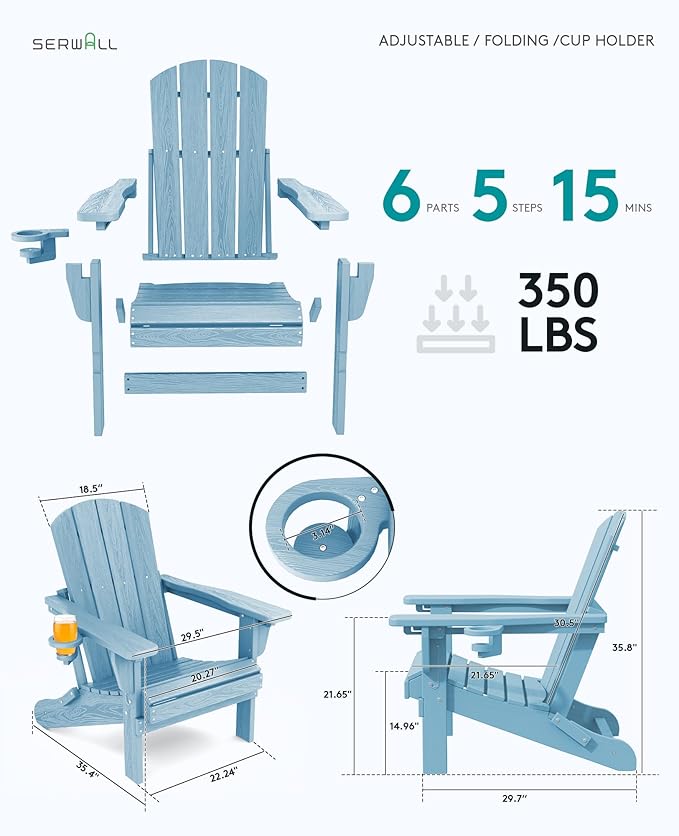 SERWALL Folding Adirondack Chair, Adirondack Outdoor Chair with Cup Holder, Adjustable HDPE Adirondack Chair with 3 Recline Positions, Light Blue
