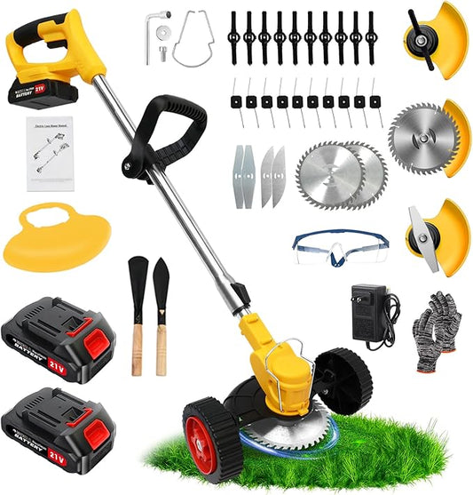 21V Electric Weed Wacker, Cordless Grass Trimmer with 2x2.0Ah Batteries & Fast Charger, Stringless Lightweight Brush Cutter/Edger/Mower/Trimmer with 4 Types Blade for Yard & Garden