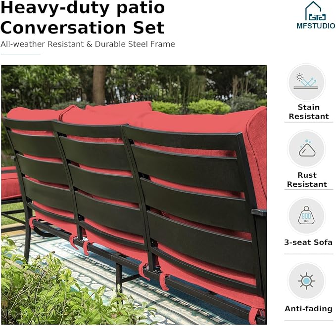 MFSTUDIO 4 Piece Patio Conversation Sets, All Weather Metal Frame Outdoor Furniture Set Patio Sofas with 1 x 45 Rectangular Fire Pit Table,1 x 3-Seat Sofa, 2 x Swivel Chairs, Burgundy Red Cushion