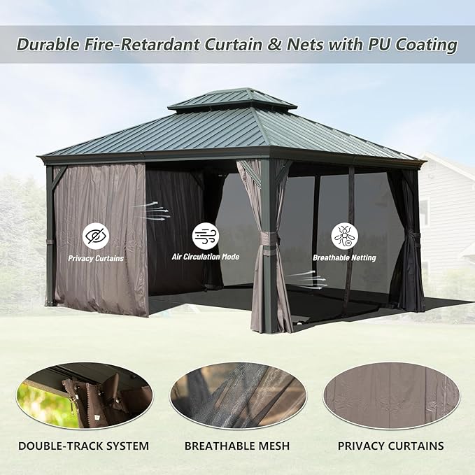 Domi 10' X 12' Hardtop Gazebo Outdoor Metal Gazebo with Galvanized Steel Double Roof Canopy, Aluminum Frame, Curtains and Netting for Patio, Deck, Garden, Grey