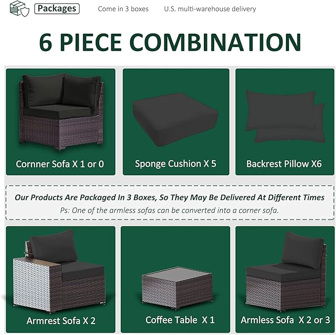 Outdoor Patio Furniture Set, 6 PCS Outdoor Furniture All Weather Patio Sectional Sofa PE Wicker Modular Conversation Sets with Coffee Table,5 Chairs & Seat Clips Black