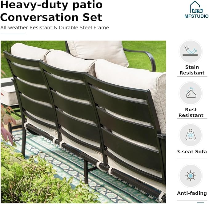 MFSTUDIO 5 Pieces Patio Conversation Sets,Outdoor Metal Furniture Sofas with 1 x 3-Seat Sofa, 2 x Sofa Chairs,2 x Ottoman,Wrought Iron Frame with Beige Cushion for Patio Courtyard Balcony