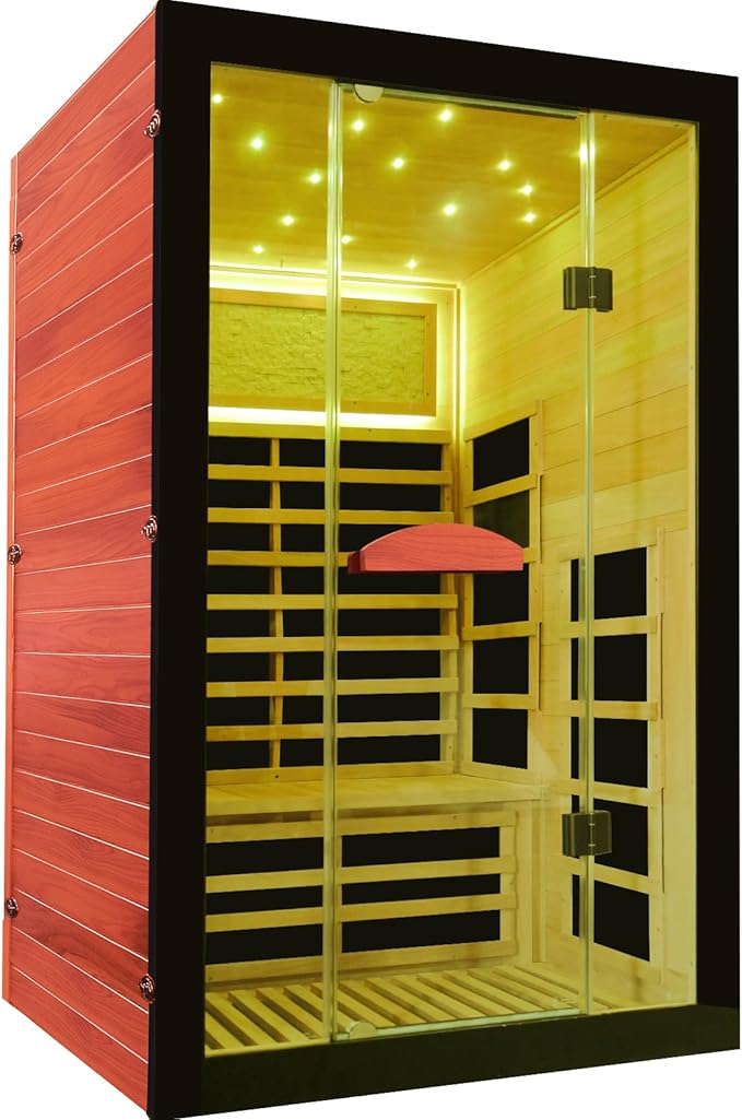 Far Infrared Sauna for Home 2 Person Sauna for Home Okoume Wood Red Sauna with Low EMF Infrared Sauna 2000W Dry Sauna 2 Person with 7 Colorful Light, Speaker and Tempered Glass Door