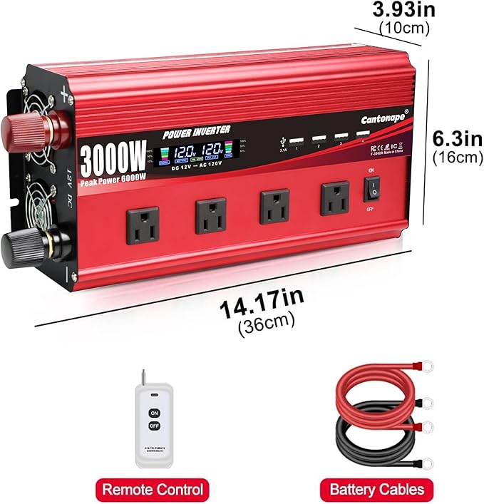 3000W Power Inverter 12V to 110V/120V DC to AC with LCD Display, Remote Controller 4 x AC Outlets and 4 x 3.1A USB Car Adapter for Car Truck Boat RV Solar System